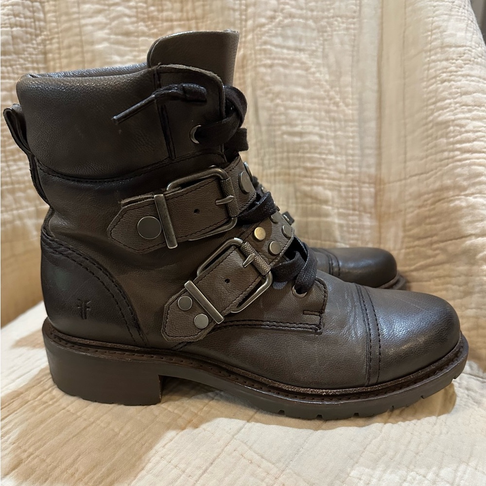 Frye Charcoal Leather Buckle & Lace-Up Ankle Boots